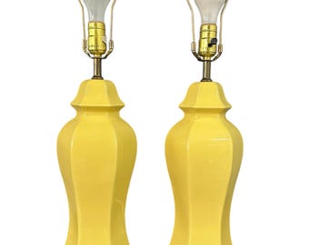 1970s Buttery Yellow Ceramic Chinoiserie Pair of Table Lamps Mid Century