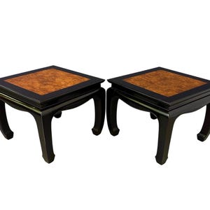 Century Ebonized Pair of Pagoda End Tables with A Burl Top Chin Hua Collection