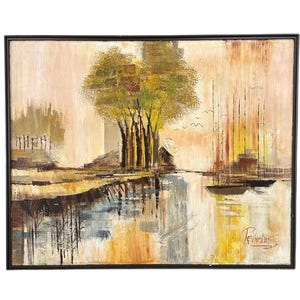 1970s Lee Reynolds Landscape Painting with Boats, Buildings, and Trees