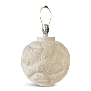 Ceramic Incised Bulbous Table Lamp with Japanese Swimming Fish Motif Mid-Century