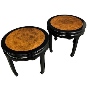 Century Ebonized Pair of Pagoda Side Tables with A Burl Top Chin Hua Collection