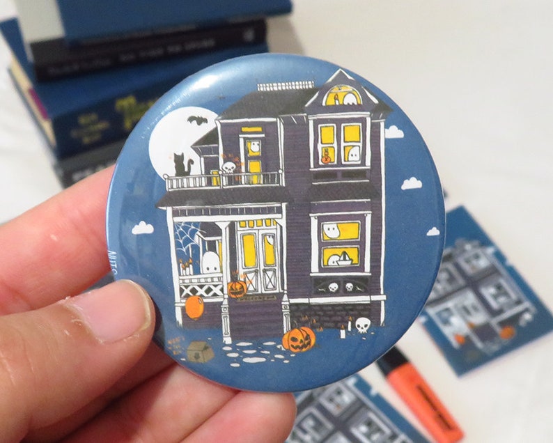 Haunted House 58mm Large Pin Illustration Pinback Button image 1