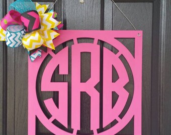 Hand Painted Circle Font Monogram Door Hanger with Large Ribbon Bow / Initial Door Wreath / Monogram Door Hanger Wreath