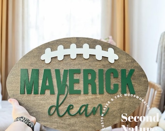 Football Baby Name Sign / Football Boy Nursery Door Hanger / Wood Hospital Door Hanger / Football Sign / Round Name Baby Sign Boy