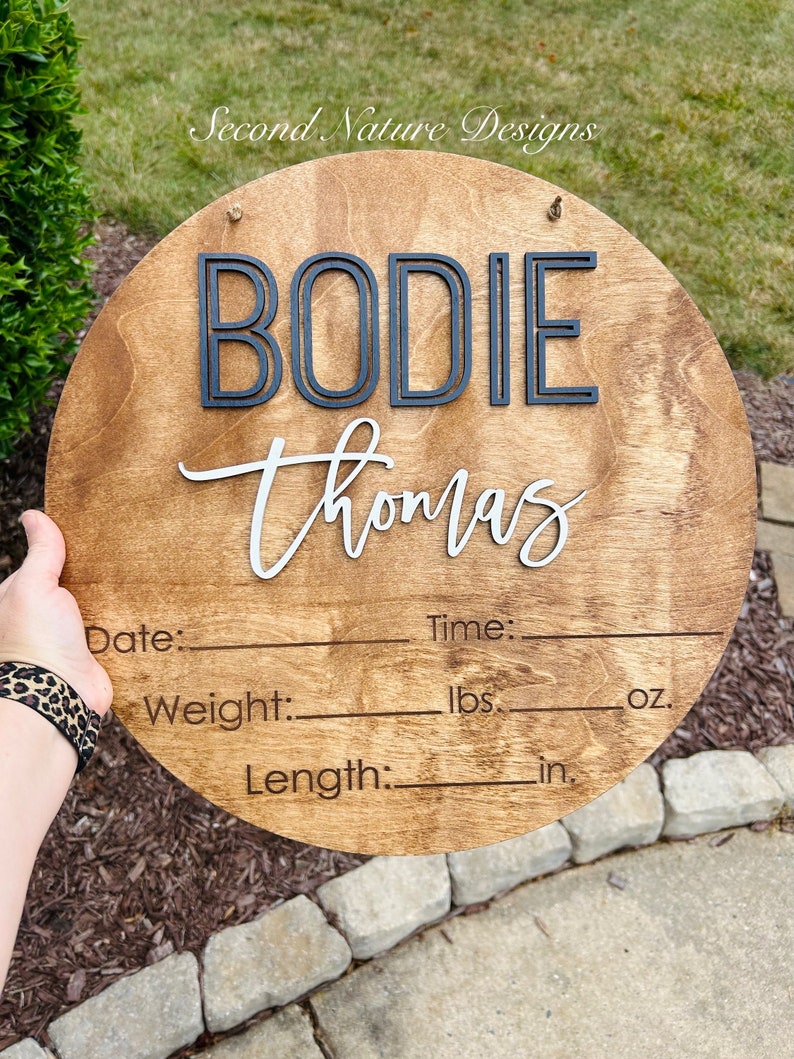 3D Baby Birth Stats Sign / Boho Door Hanger / Wood Round Hospital ...