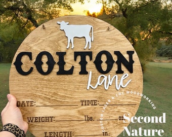 Baby Birth Stats Sign / Cow Western Door Hanger / Wood Round Hospital / Nursery Sign / Round Hospital Baby Sign/ Newborn Announcement Boy