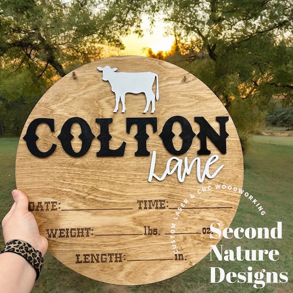 Baby Birth Stats Sign / Cow Western Door Hanger / Wood Round Hospital / Nursery Sign / Round Hospital Baby Sign/ Newborn Announcement Boy