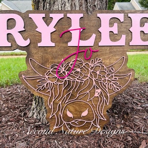 Floral Cow Baby Name Sign / Bull Boy Nursery Door Hanger / Wood Hospital Door Hanger / Western Sign / Name Baby Sign Girl Highland Cow