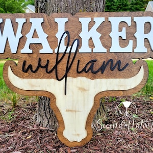 Bull Horns Baby Name Sign / Bull Boy Nursery Door Hanger / Wood Hospital Door Hanger / Western Rodeo Sign / Round Name Baby Sign Boy