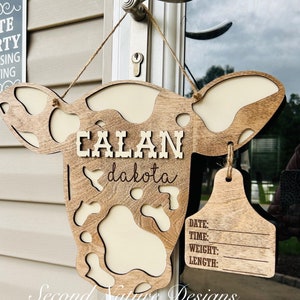 Baby Boy Cow Birth Stats Sign / Nursery Announcement / Cattle Tag Hospital Door Hanger Boy / Wood Birth Sign / Western Baby Sign Cow Head
