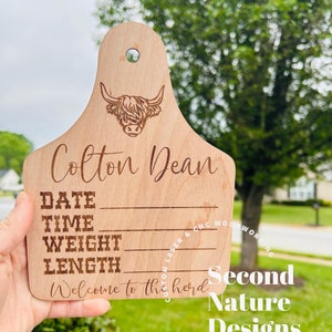 Baby Boy Highland Cow Birth Stats Sign / Boy Nursery Door Hanger / Cattle Tag Hospital Door Hanger Boy / Wood Birth Sign / Western Baby Sign