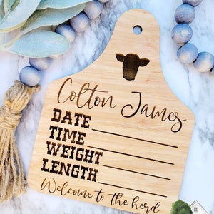 Baby Boy Cow Birth Stats Sign / Boy Nursery / Cattle Tag Hospital Door Tag Boy / Wood Birth Sign / Western Baby Sign