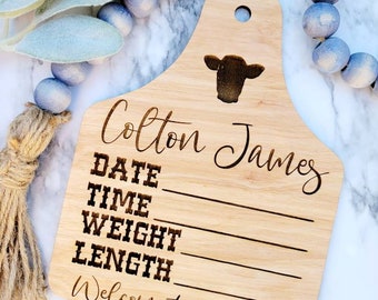 Baby Boy Cow Birth Stats Sign / Boy Nursery / Cattle Tag Hospital Door Tag Boy / Wood Birth Sign / Western Baby Sign