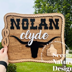 Western Bull Baby Name Sign / Cow Bull Skull Boy Nursery Door Hanger / Wood Hospital Door Hanger / Western Rodeo Sign / Name Baby Sign Boy
