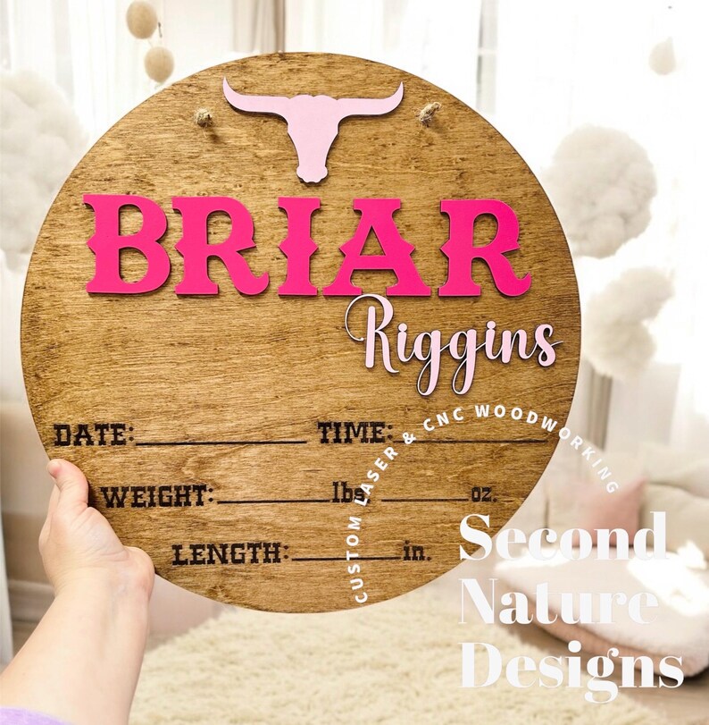 Baby Birth Stats Sign / Bull Western Door Hanger / Wood Round Hospital ...