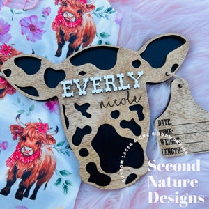 Baby Girl Cow Birth Stats Sign / Nursery Announcement / Cattle Tag Hospital Door Hanger Boy / Wood Birth Sign / Western Baby Sign Cow Head