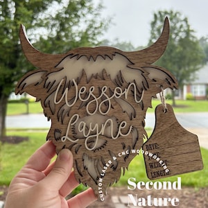 Baby Boy Highland Cow Birth Stats Sign / Nursery Announcement / Cattle Tag Hospital Boy / Wood Birth Sign / Western Baby Sign Cow Head