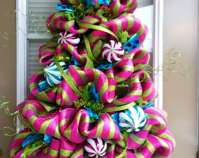 Deco Mesh Christmas Tree Shaped Door Wreath / Pink Turquoise Etsy