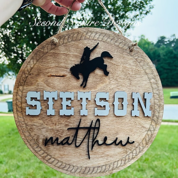 Baby Name Sign / Bucking Bronco Western Door Hanger / Wood Cowboy Rope Hospital / Nursery Sign / Round Hospital Sign/ Newborn Announcement