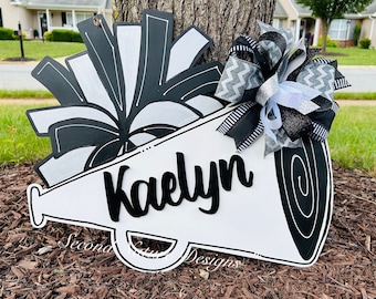 Personalized Megaphone / Cheerleader Sign /Cheer Pompoms Door Hanger /Cheerleader Sign