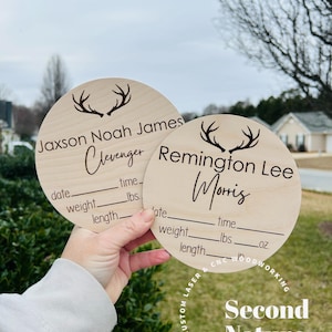 Baby Boy Deer Antler Birth Stats Sign / Boy Nursery Door Hanger / Deer Antlers Hospital Door Hanger Boy / Wood Birth Sign / Deer Hunting