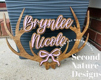Enseigne 3D personnalisée en bois de cerf | Prénom en bois de cerf avec noeud pour fille | Décoration de chambre d'enfant en bois de cerf | Déco pour chambre d'enfants Monogram