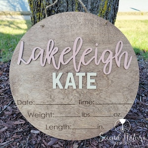 3D Baby Birth Stats Sign / Boho Door Hanger / Wood Round Hospital / Nursery Sign / Round Hospital Baby Sign Girl / Newborn Announcement