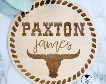 Baby Boy Bull Birth Stats Sign / Boy Nursery Door Hanger / Bull Hospital Sign Boy / Wood Birth Sign / Western Baby Sign