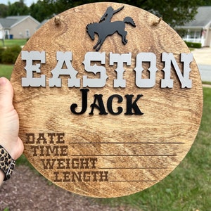 Baby Birth Stats Sign / Bucking Bronco Western Door Hanger / Wood Cowboy Hospital / Nursery Sign / Hospital Baby Sign/ Newborn Announcement