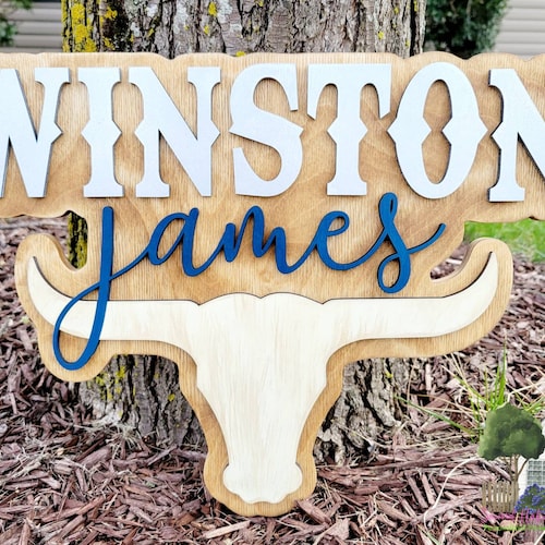 Bull Horns Baby Name Sign / Bull Boy Nursery Door Hanger / Etsy