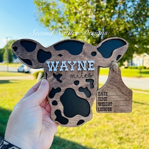 Baby Boy Cow Birth Stats Sign / Nursery Announcement / Cattle Tag Hospital Door Hanger Boy / Wood Birth Sign / Western Baby Sign Cow Head