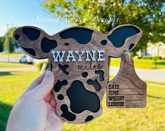 Baby Boy Cow Birth Stats Sign / Nursery Announcement / Cattle Tag Hospital Door Hanger Boy / Wood Birth Sign / Western Baby Sign Cow Head