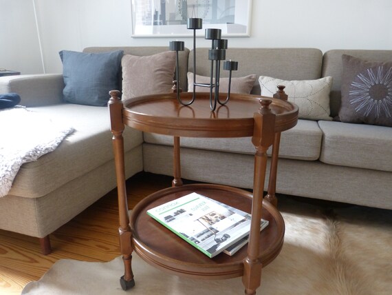 Rustic Side Table On Wheels Round Serving Table Bar Table Etsy