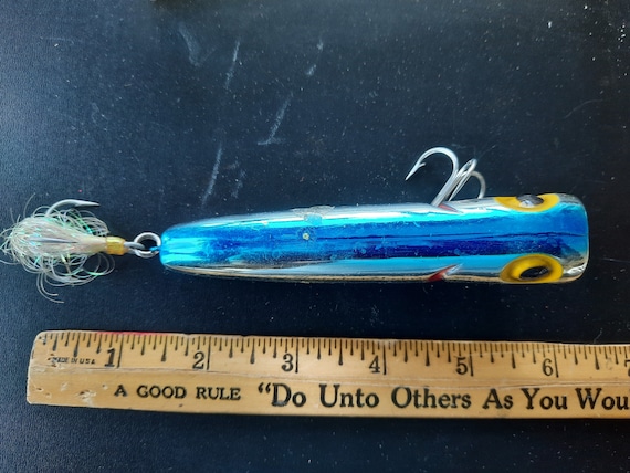 Vintage 1990s Topwater Bass Lure: Storm Saltwater Big Bug, Rattlin Chug Bug  7/8 Oz. Blue/chrome in Original Package Lightly Used 