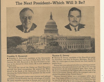1944 Original: Our Times Newspaper Page, Franklin D. Roosevelt vs Thomas E. Dewey Presidential Election ~ 8"x 12", Rare and Frameable