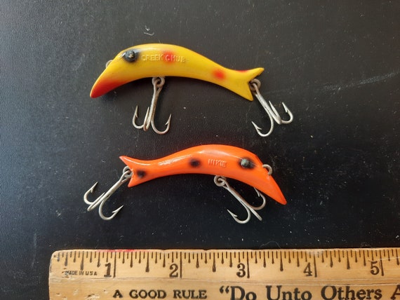 Vintage 1960s Lure Lot of (2) : Creek Chub Nike Fishing Lures, Orange/Black  Spots and Yellow/ Red Spots ~ Lightly Used
