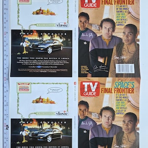 May include: Two identical sheets of paper, each featuring a Vlasic pickle advertisement with a black Chevy Cavalier and a TV Guide cover from May 29-June 4, 1999, showcasing Star Trek: Deep Space Nine actors. A 12-inch ruler is visible along the top edge.
