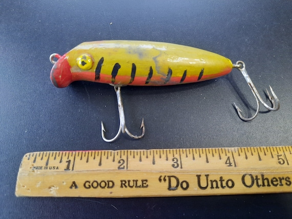 1960s Hand Made Floating Wooden Bass Lure: 4, 5/8 Oz. Unique Hand Made  Wooden Topwater Chugger Style Tiger Striped Fishing Lure 
