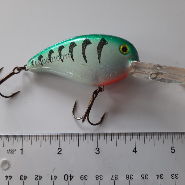 Vintage 1980s Fishing Lure: Mann's Deep Diving Loudmouth Rattling Crankbait, Crystal Green Sunfish, 4.5", 7/8 oz., Moderately Fished