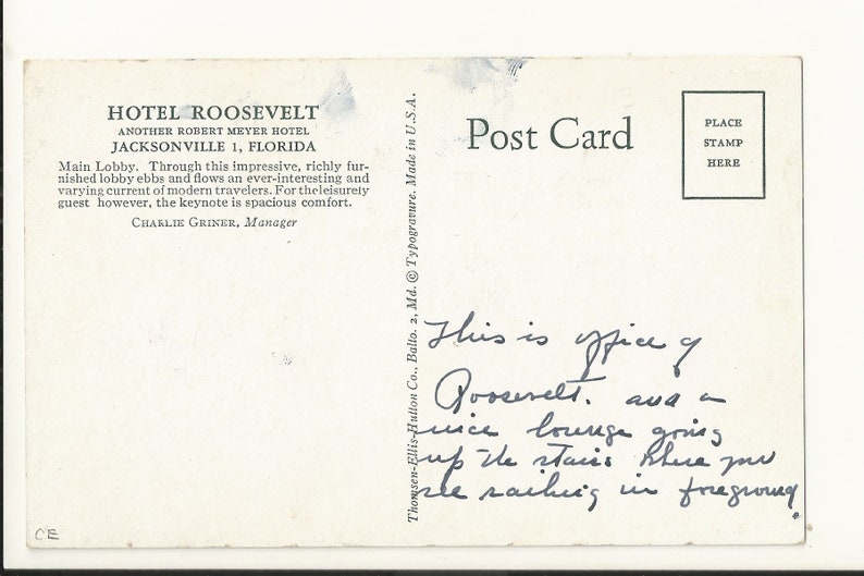 Duval County Jacksonville FL ~ Free Shipping 1940s BW Photo Postcard- View of Main Lobby Hotel Roosevelt Florida