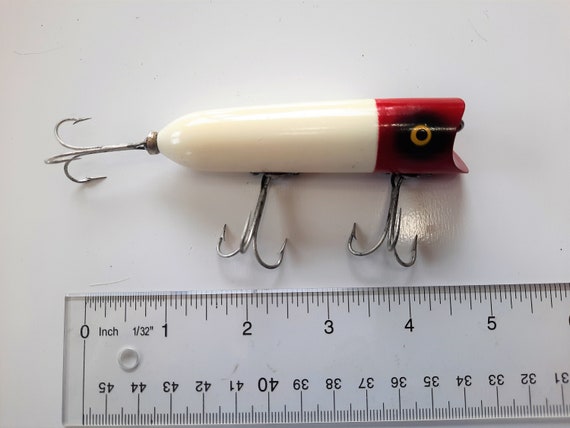 Vintage Fishing Lure 1960s Heddon Lucky 13 Topwater Bass Lure, Red/white,  Golden Eyes, 5/8 Oz., 3.75, Lightly Fished, Nice Condition 