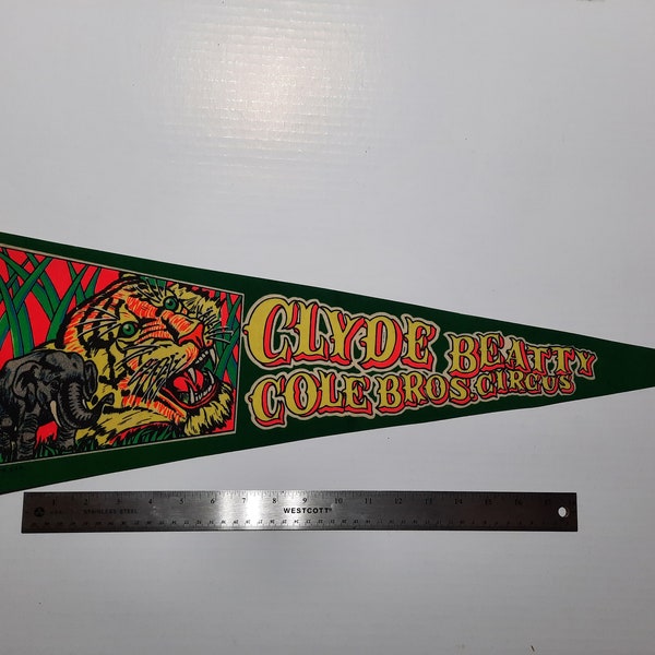 Vintage Souvenir Felt Pennant, Flag- 1970s Clyde Beatty Cole Bros. Circus ~ Large Size: 27" in Length