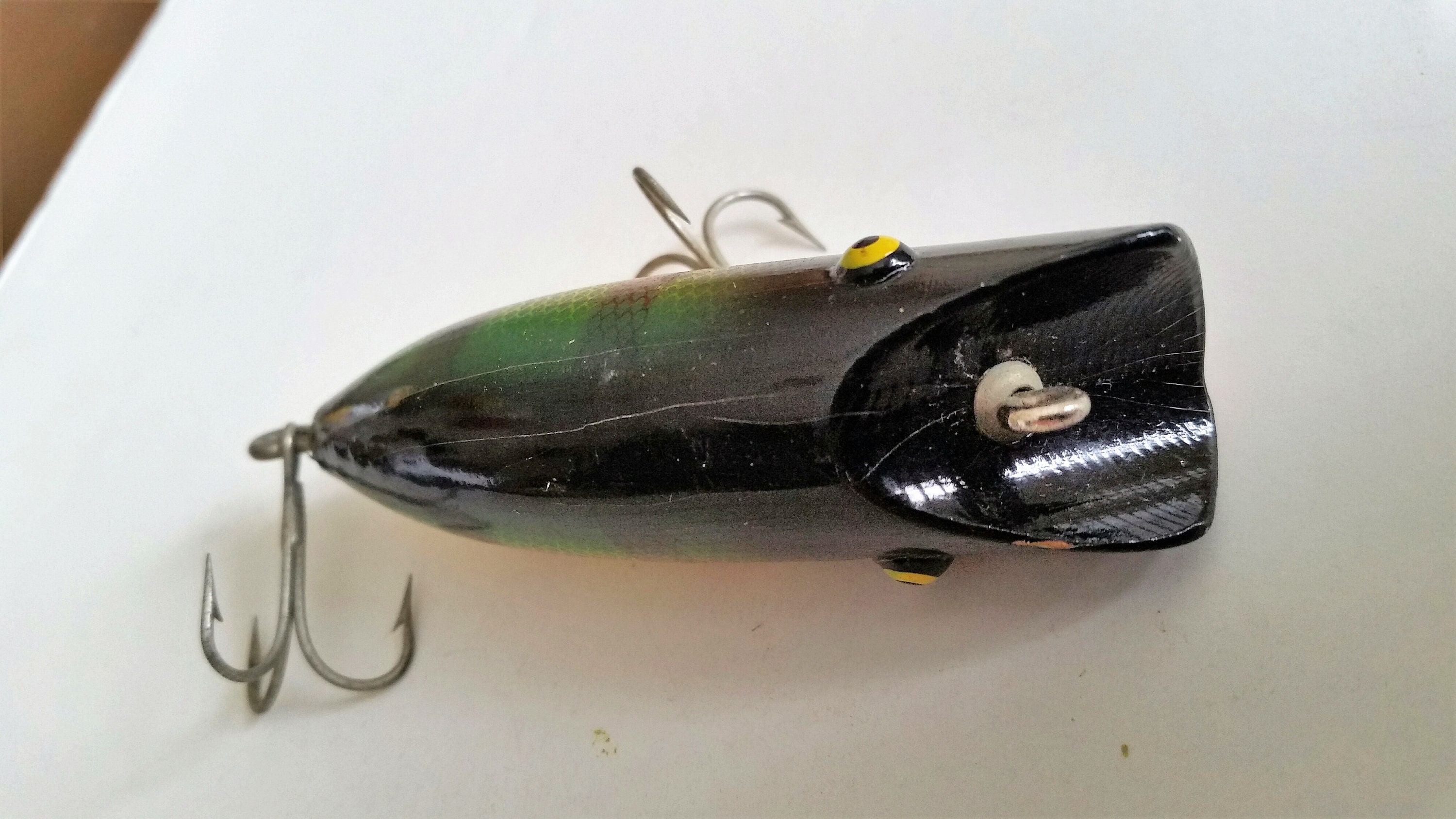 Vintage Fishing Lure: Unmarked Wooden South Bend Babe Oreno With Tack Eyes  & Original Hardware Rare Perch Color Circa 1950s 3 1/2 Oz. 