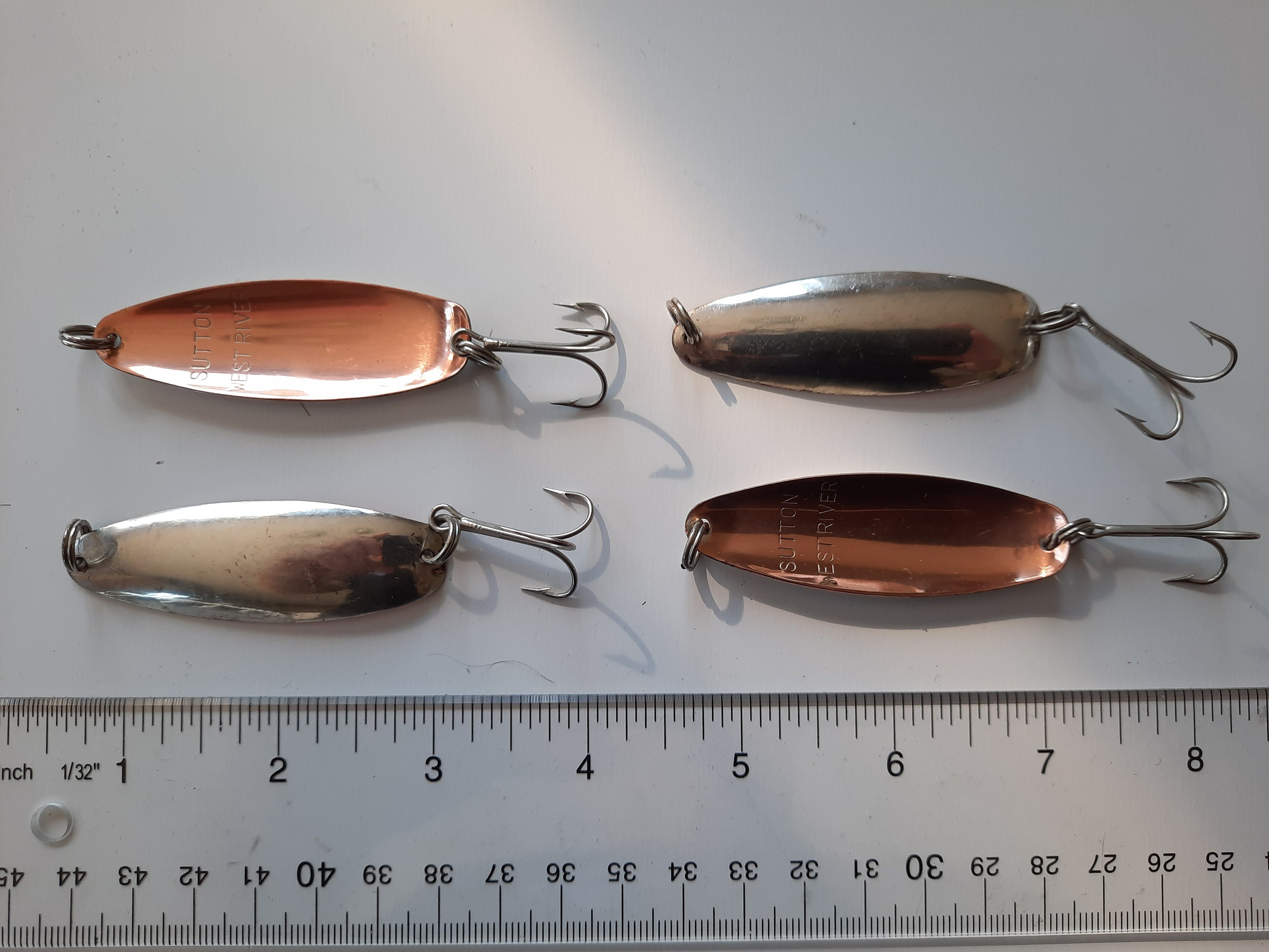 Vintage Fishing Lure Lot of 4 Spoons: Sutton West River, 1/3 Oz. Duel Sided  Colors Silver/copper, Trout and Salmon Nice Shape Scarce 