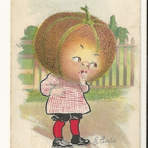 May include: A vintage postcard illustration featuring a character with a large cantaloupe head, wearing a red and white checkered tunic, black shorts, and red stockings. The text reads We are too young, dear, we and is signed E. Curtis with copyright 1907.