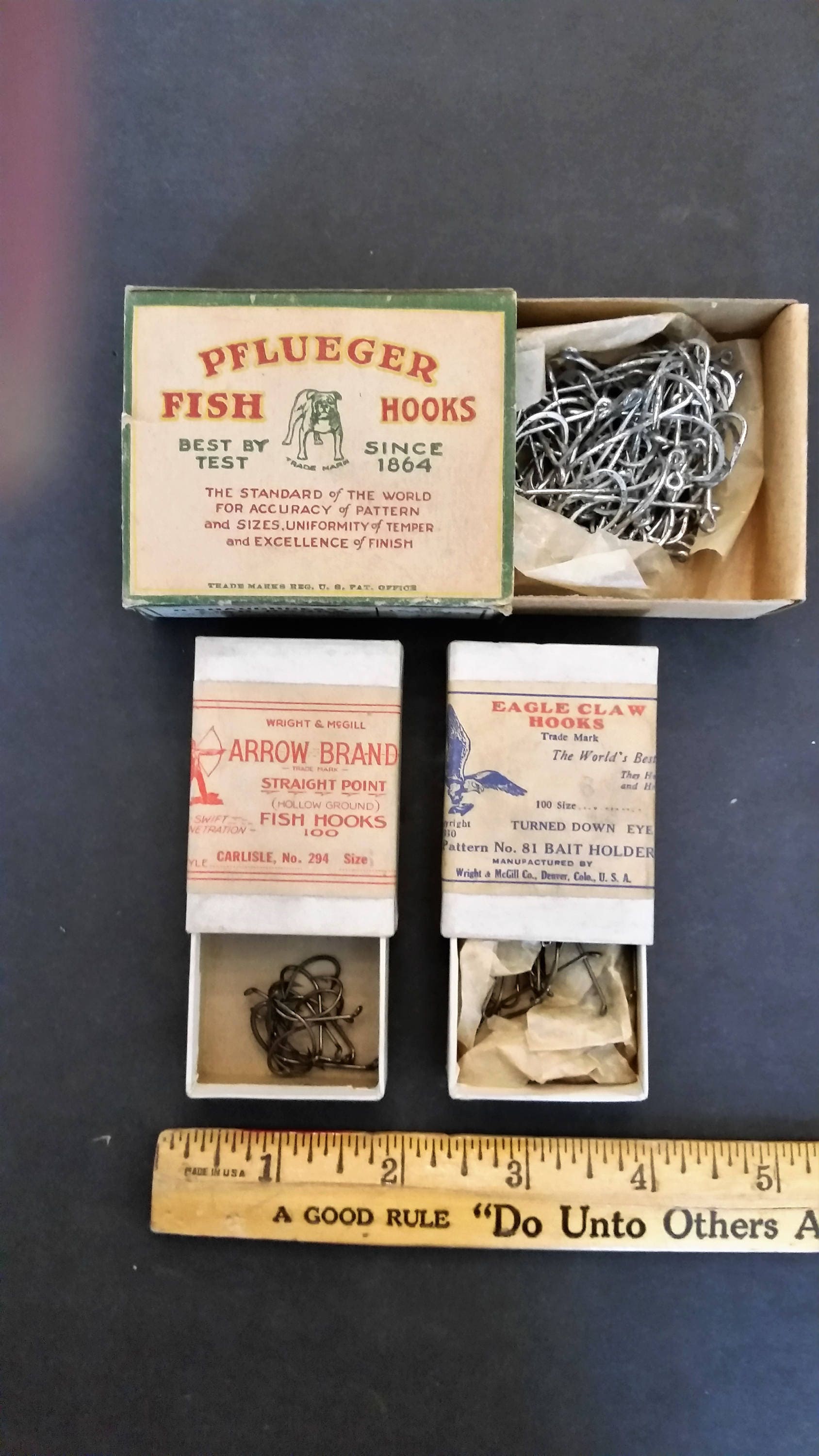 Vintage Fishing Hooks in Original Boxes 3: Pflueger Size 1 O'shaughnessy,  Eagle Claw Size 6 Pattern No. 81, Arrow Brand Size 6 Carlisle 