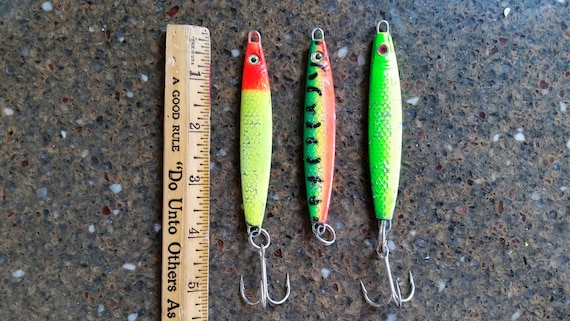 Vintage Fishing Lures (3): Lot of Three Vertical/Trolley Big Game Saltwater  Jigs 2 oz., 4 ~ Stripers, Blues, Tuna, Salmon ~ Circa 1980s