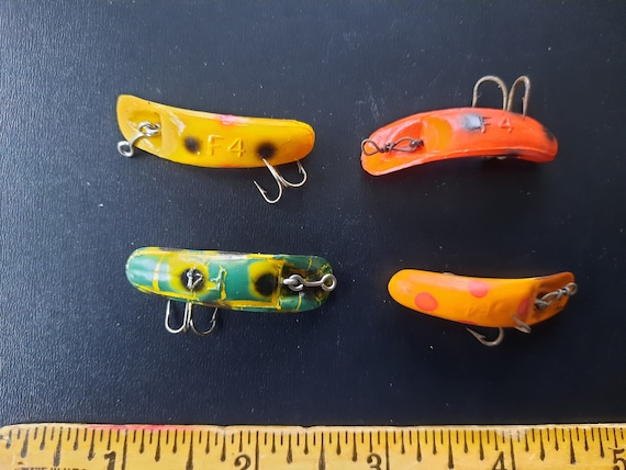 1970s Lot of 4 Flatfish Ultra Light Size Lures: Helin F4 Yellow/black & Red  Spots, Yellow/red Spots, Orange/black Spots, Frog Used -  Finland