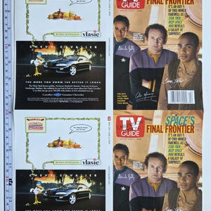 May include: A vintage TV Guide magazine sheet from May 29-June 4, 1999, featuring two identical layouts. Each includes a Vlasic pickle advertisement with a stork and a Chevy Cavalier, plus a Star Trek: Deep Space Nine cover with three actors.