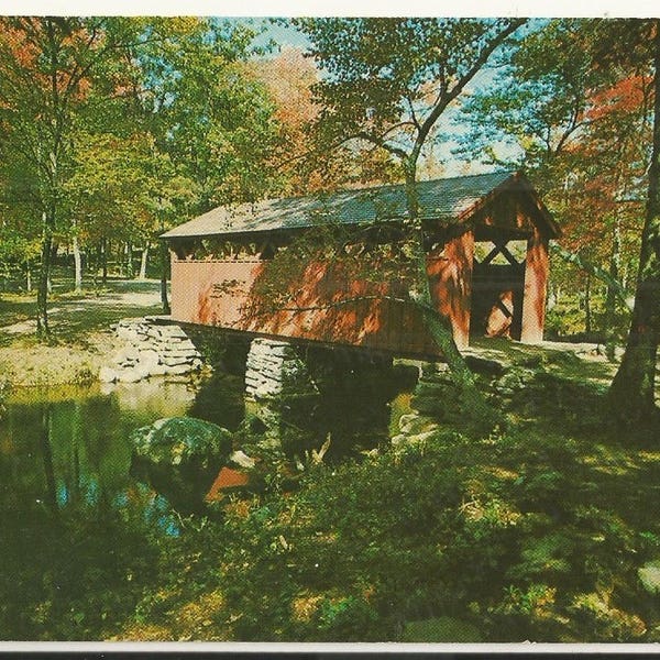 1960s Chrome Postcard- Autumn View of Covered Bridge, East Haddam, Middlesex County, Connecticut, CT. ~ Free Shipping - Small Town PC